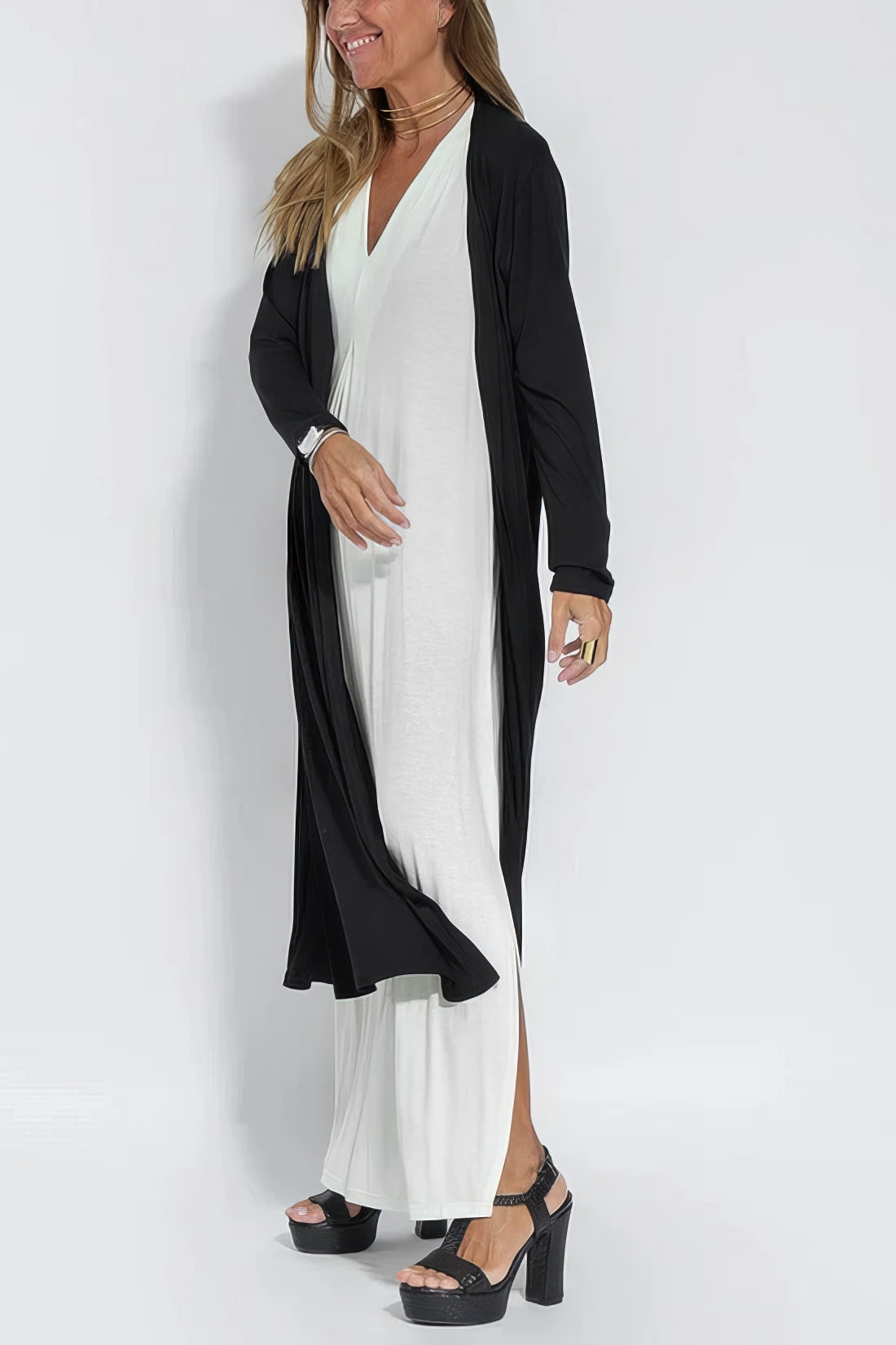 Elegante lange jurk – tijdelijk met extra bijpassende cardigan inbegrepen